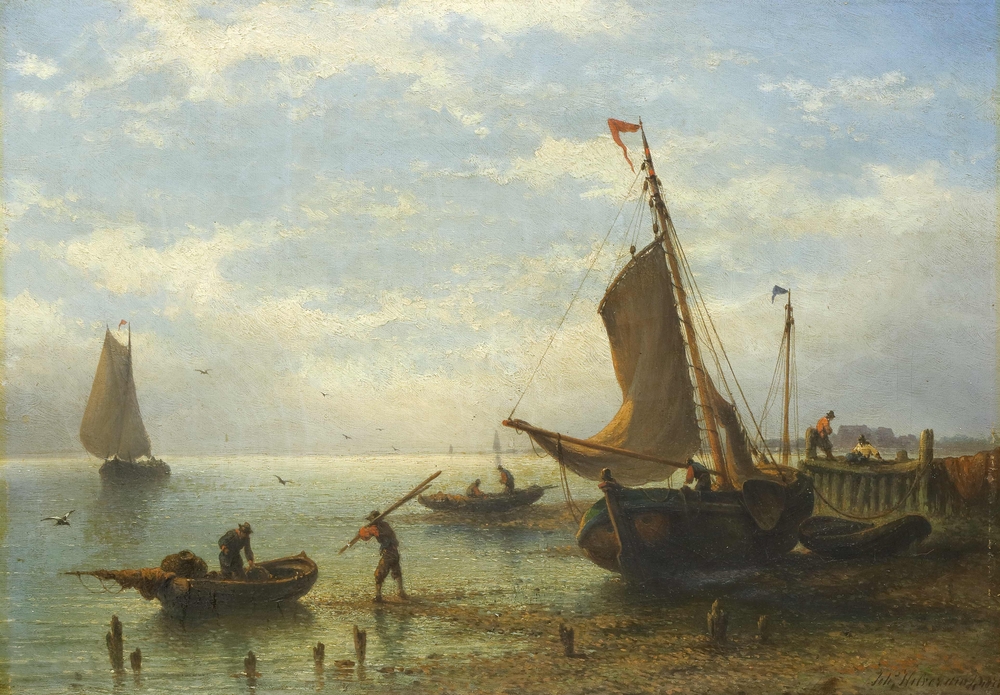 Auktionshaus Quentin Berlin  Gemälde Hilverdink  Johannes  Uferlandschaft mit Booten und Fischern. 1871.