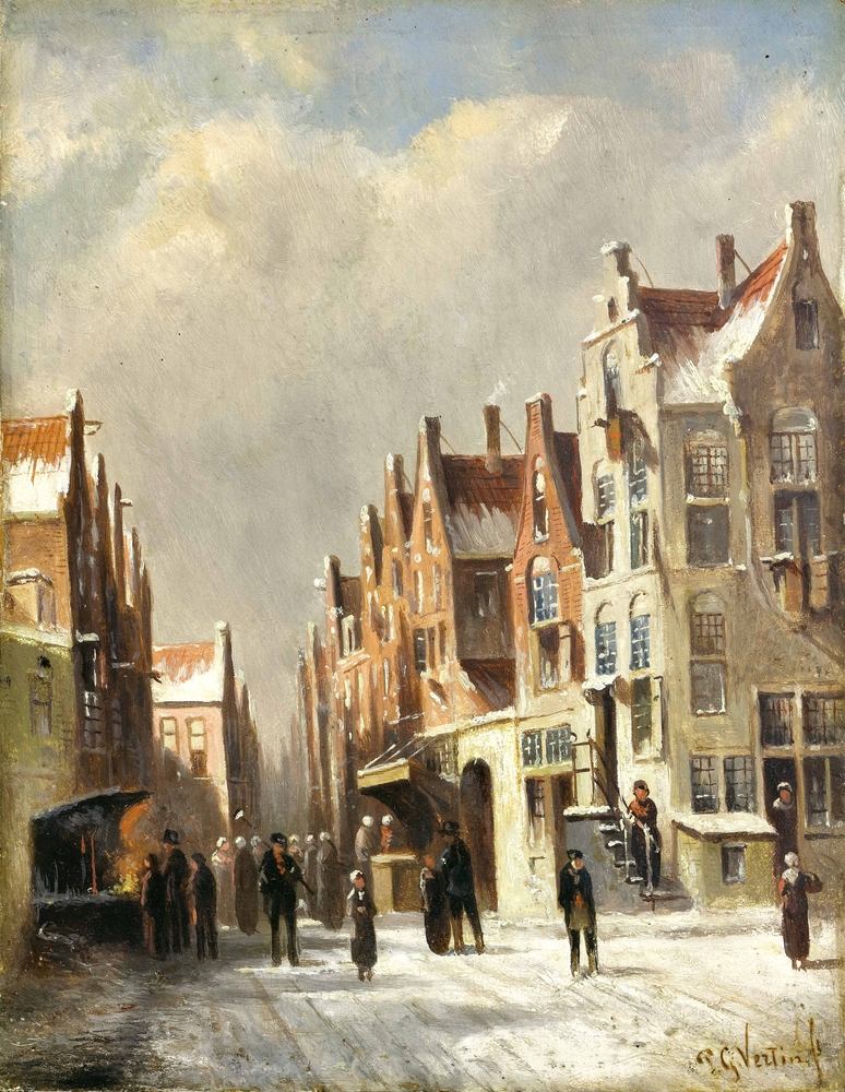 Auktionshaus Quentin Berlin  Gemälde Vertin  Petrus Gerardus  Belebte Gasse im Winter mit Personen bei einer Bude.
