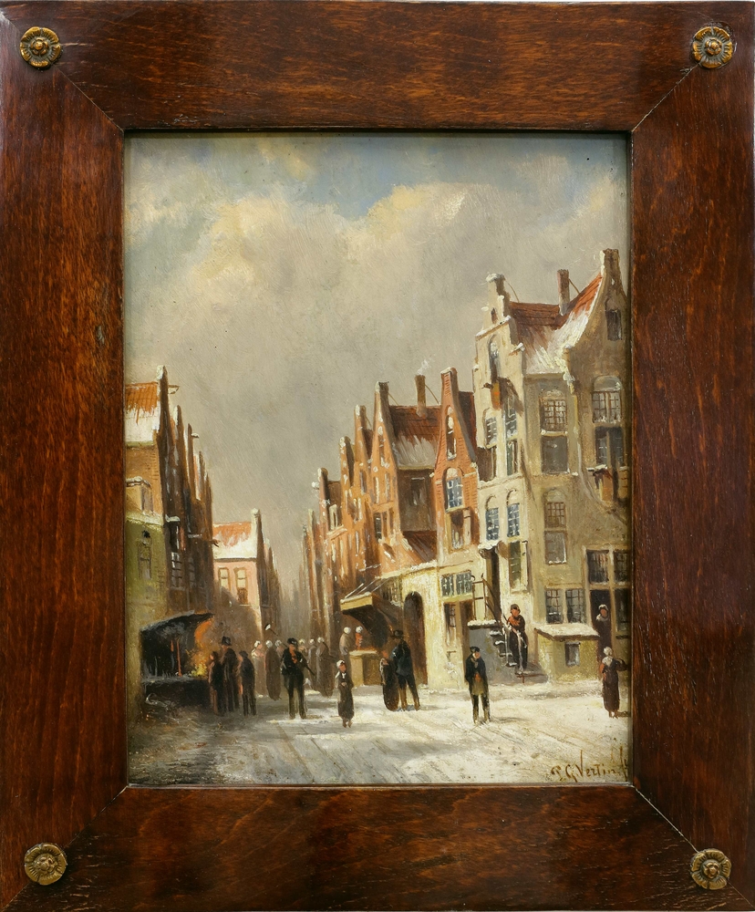 Auktionshaus Quentin Berlin  Gemälde Vertin  Petrus Gerardus  Belebte Gasse im Winter mit Personen bei einer Bude.