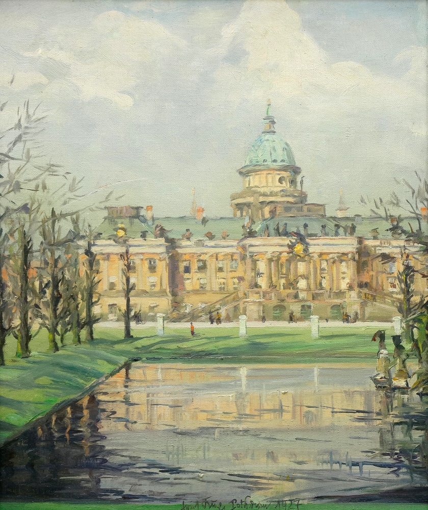 Auktionshaus Quentin Berlin  Gemälde Kux  Erich  Potsdam  Stadtschloss und Karpfenteich  am rechten Rand der Neptunbrunnen. Potsdam. 1927.