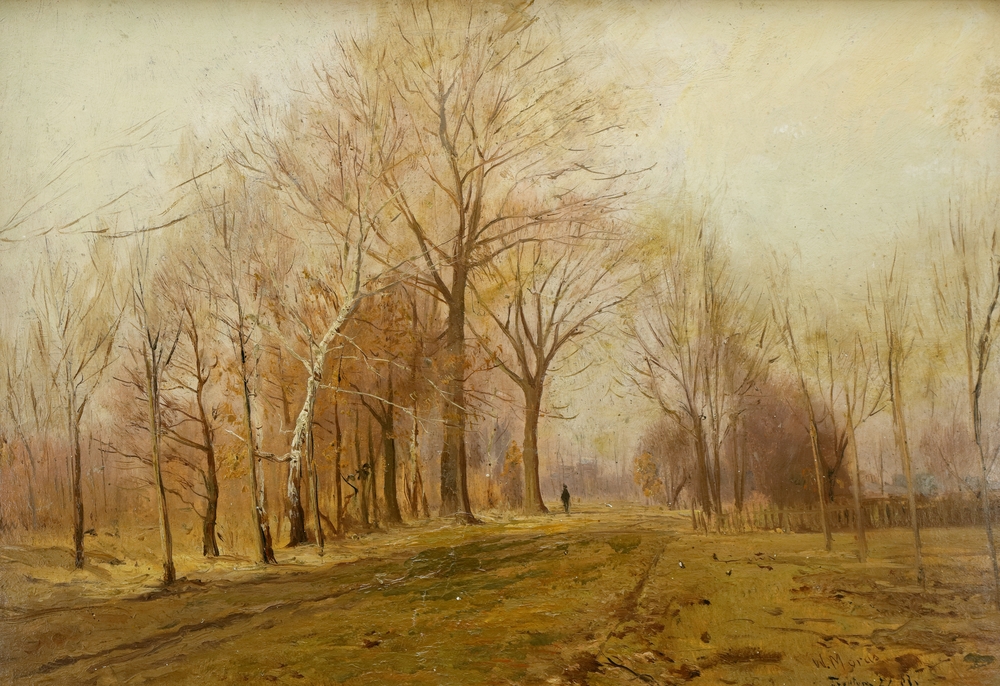 Auktionshaus Quentin Berlin  Gemälde Moras  Walter  Parklandschaft mit Spaziergänger. (18)87