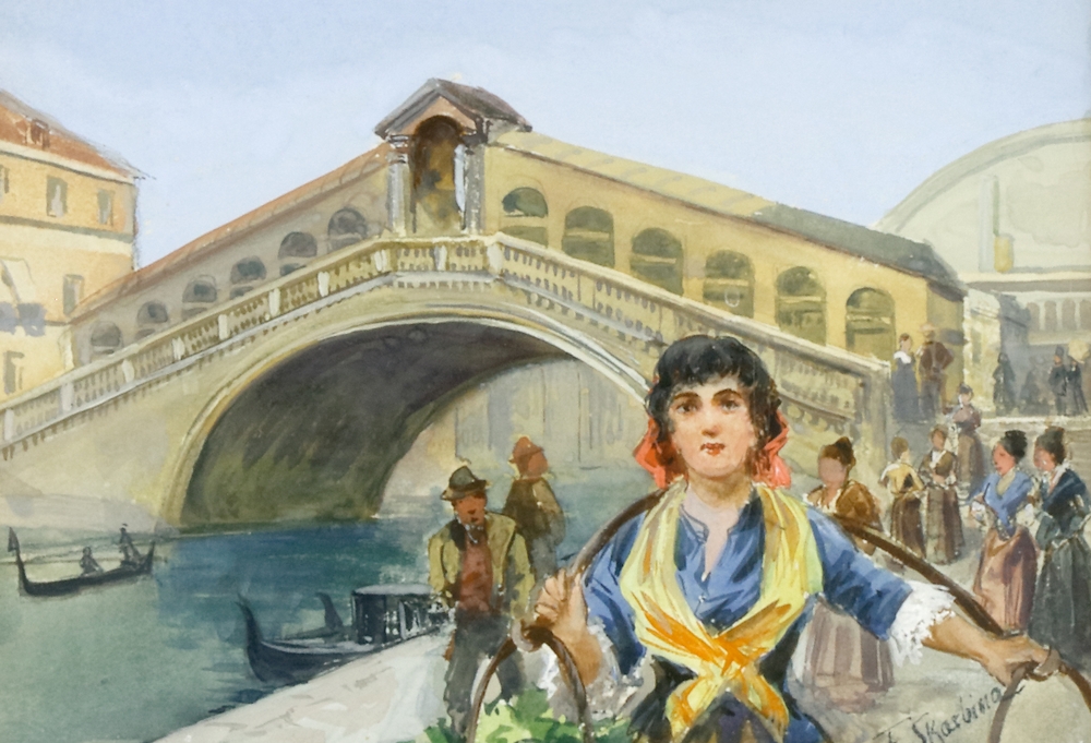 Auktionshaus Quentin Berlin  Zeichnungen Skarbina  Franz  Blumenmädchen vor der Rialtobrücke in Venedig.