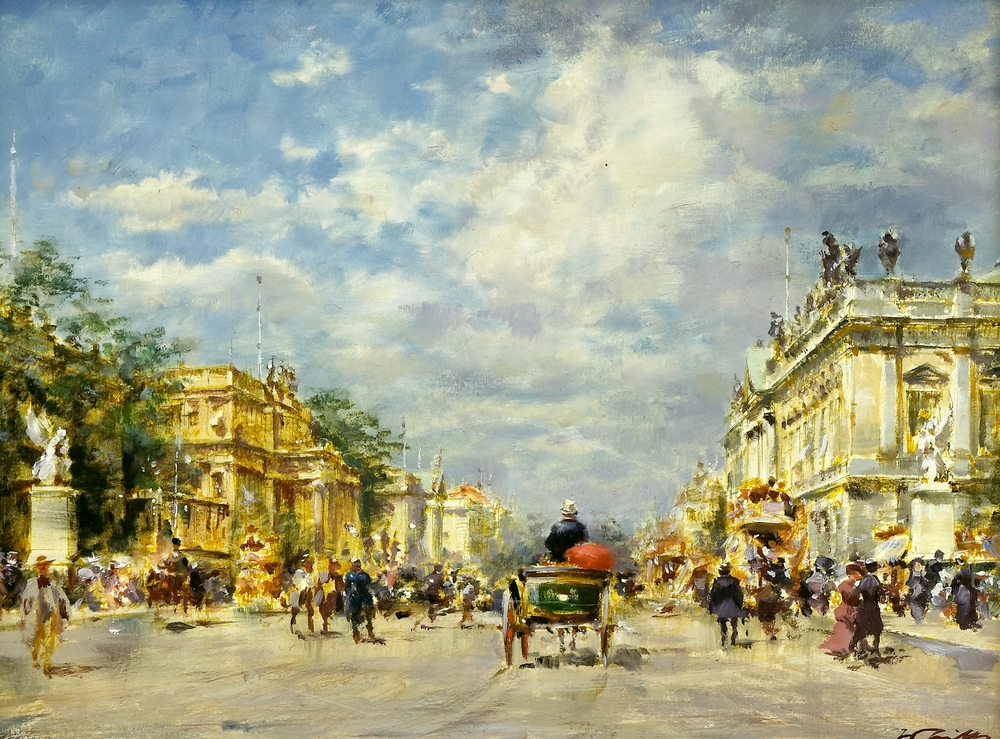 Auktionshaus Quentin Berlin  Gemälde Tritt  Wolfgang  Berlin  Unter den Linden  mit zahlreichen Passanten.