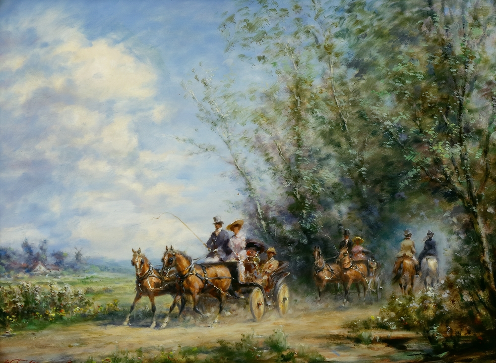 Auktionshaus Quentin Berlin  Gemälde Tritt  Wolfgang  Pferdekutschen in Sommerlandschaft.