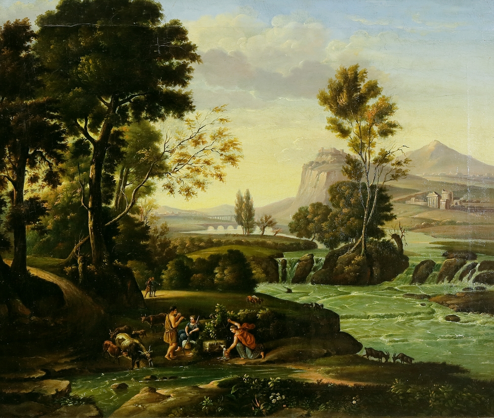 Auktionshaus Quentin Berlin  Gemälde Kaaz  Carl Ludwig  zugeschr.  Ideallandschaft mit Hirtenpaar  nach Claude Lorrain. Um 1808.