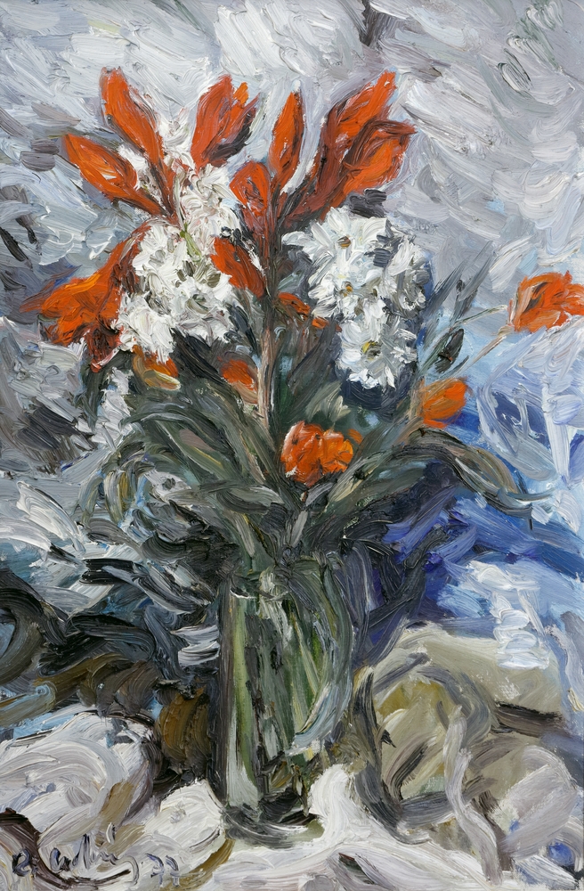 Auktionshaus Quentin Berlin  Gemälde Ladwig  Roland  Blumen in einer Vase. 1977.