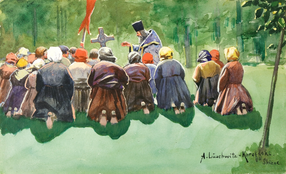 Auktionshaus Quentin Berlin  Zeichnungen Lüschwitz-Koreffski  Arnold  Ein russischer Pope segnet zur Ernte. Berlin (18)98.