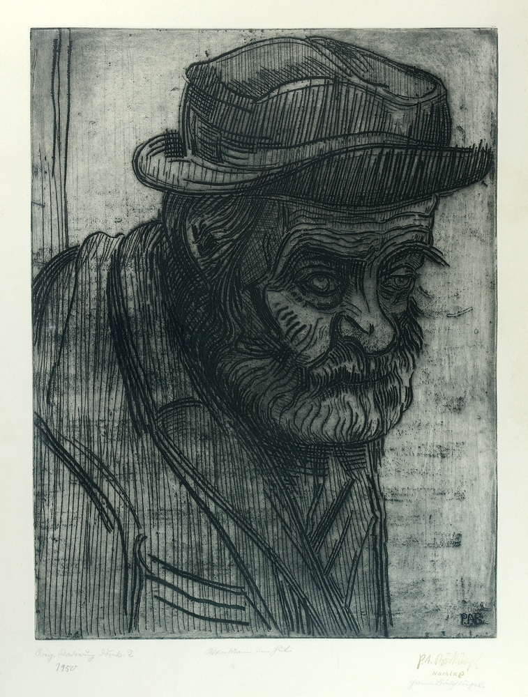 Auktionshaus Quentin Berlin  Künstlergrafik Böckstiegel  Peter August  Alter Mann mit Hut. 1950.