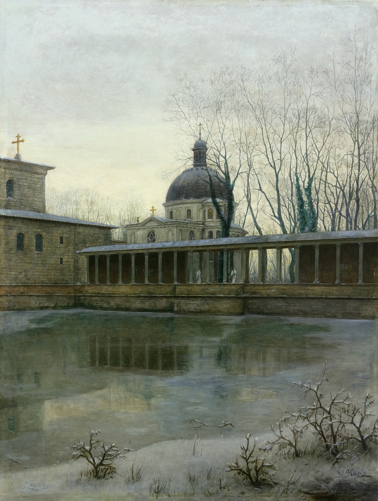 Auktionshaus Quentin Berlin  Gemälde Kurz  Albert  Die Friedenskirche im Marlygarten des Parks Sanssouci in Potsdam.