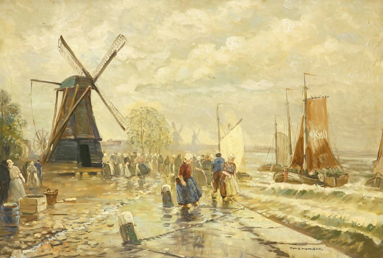 Auktionshaus Quentin Berlin Herrmann  Hans d.J.  HollÃ¤ndische Uferlandschaft mit WindmÃ¼hlen  Booten und zahlreichen Personen.