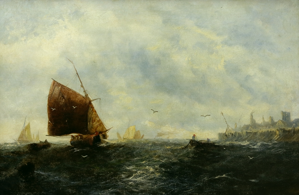 Auktionshaus Quentin Berlin  Gemälde Knell  William Calcott  Segelboote nahe Hafen.