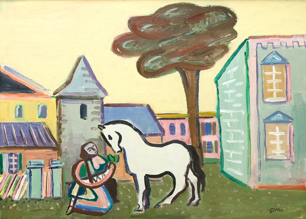 Auktionshaus Quentin Berlin  Gemälde Gilles  Werner  Südlicher Platz mit Schimmel und Kniendem.