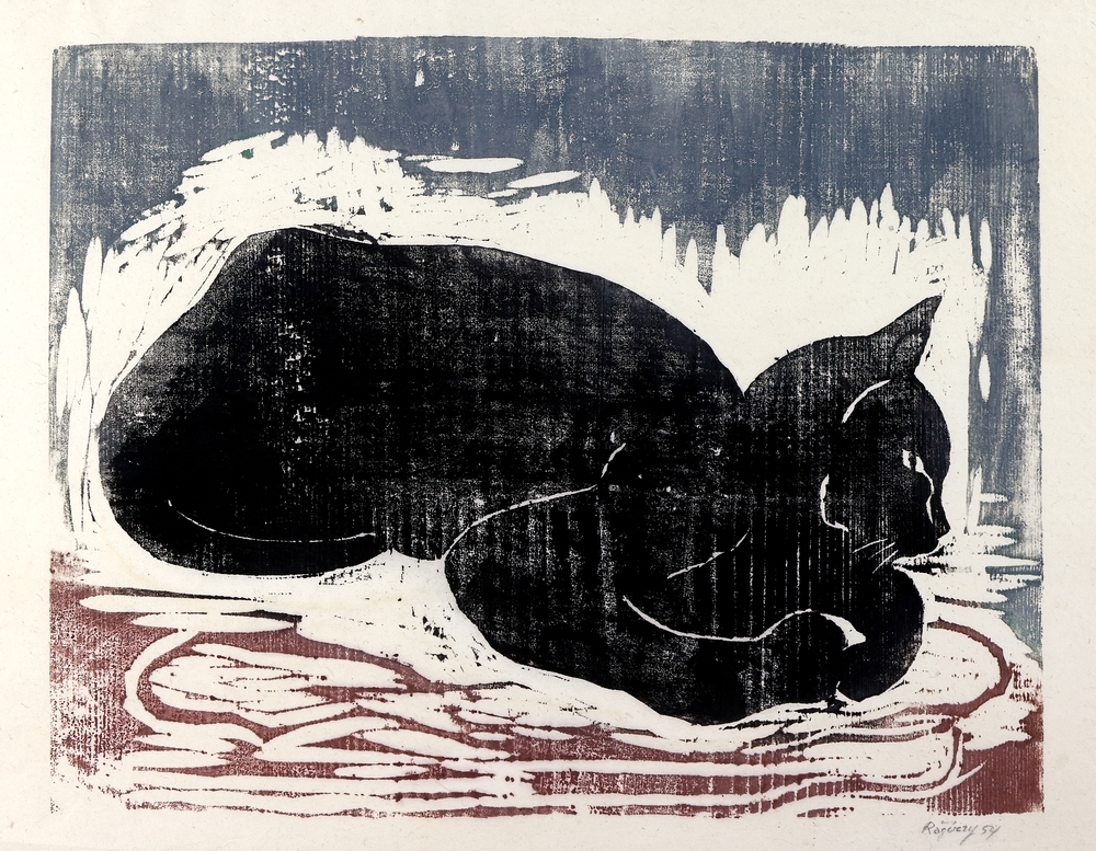 Auktionshaus Quentin Berlin  Künstlergrafik Rágóczy  Joachim  Ruhende Katze nach rechts. 1954