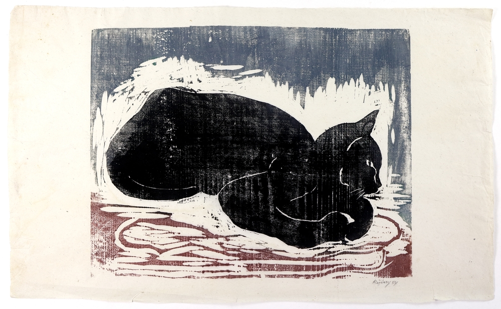 Auktionshaus Quentin Berlin  Künstlergrafik Rágóczy  Joachim  Ruhende Katze nach rechts. 1954