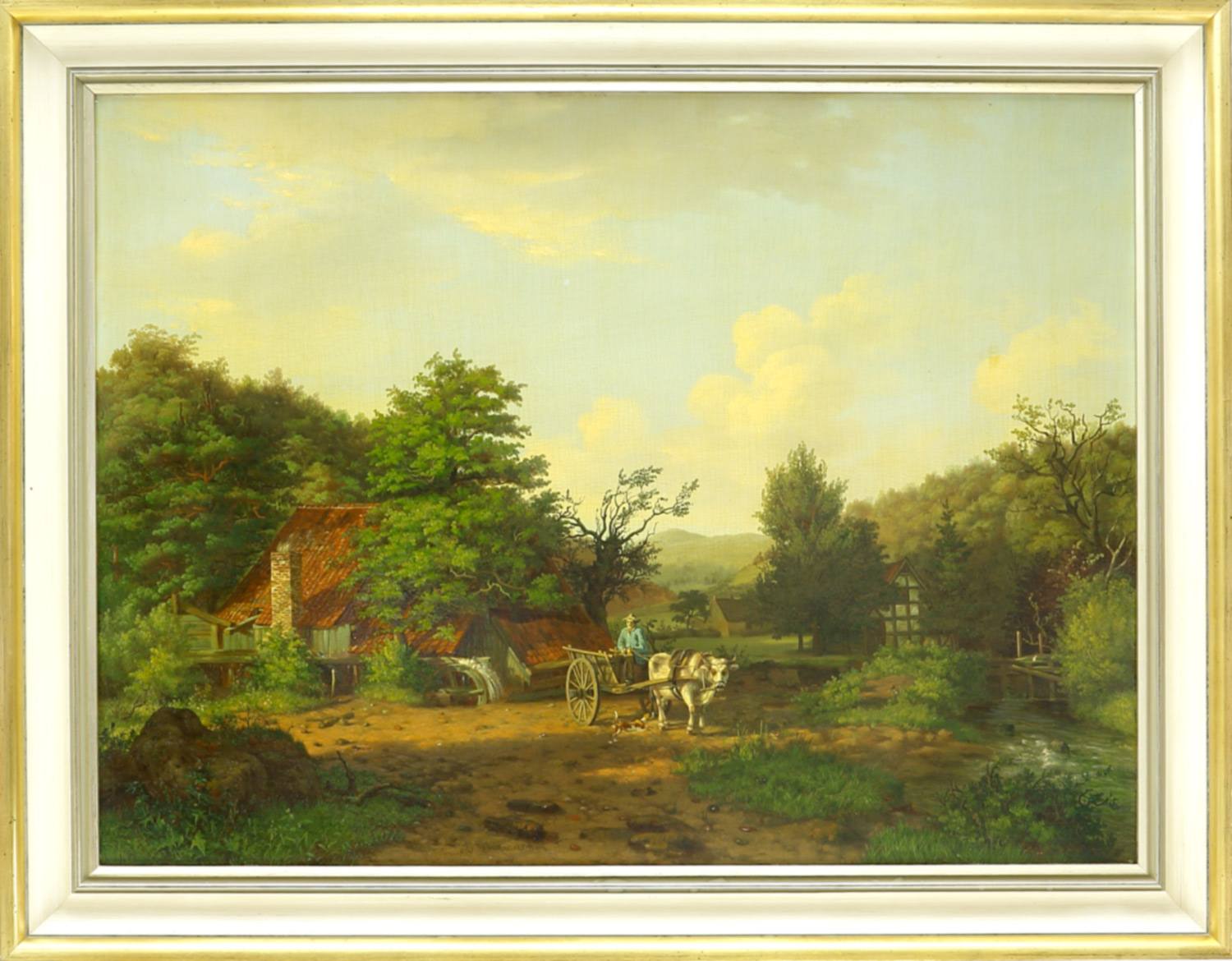 Auktionshaus Quentin Berlin  Gemälde Wiemans  Andries  Sonnenbeschienene Landschaft mit Bauernhaus und Ochsenkarren