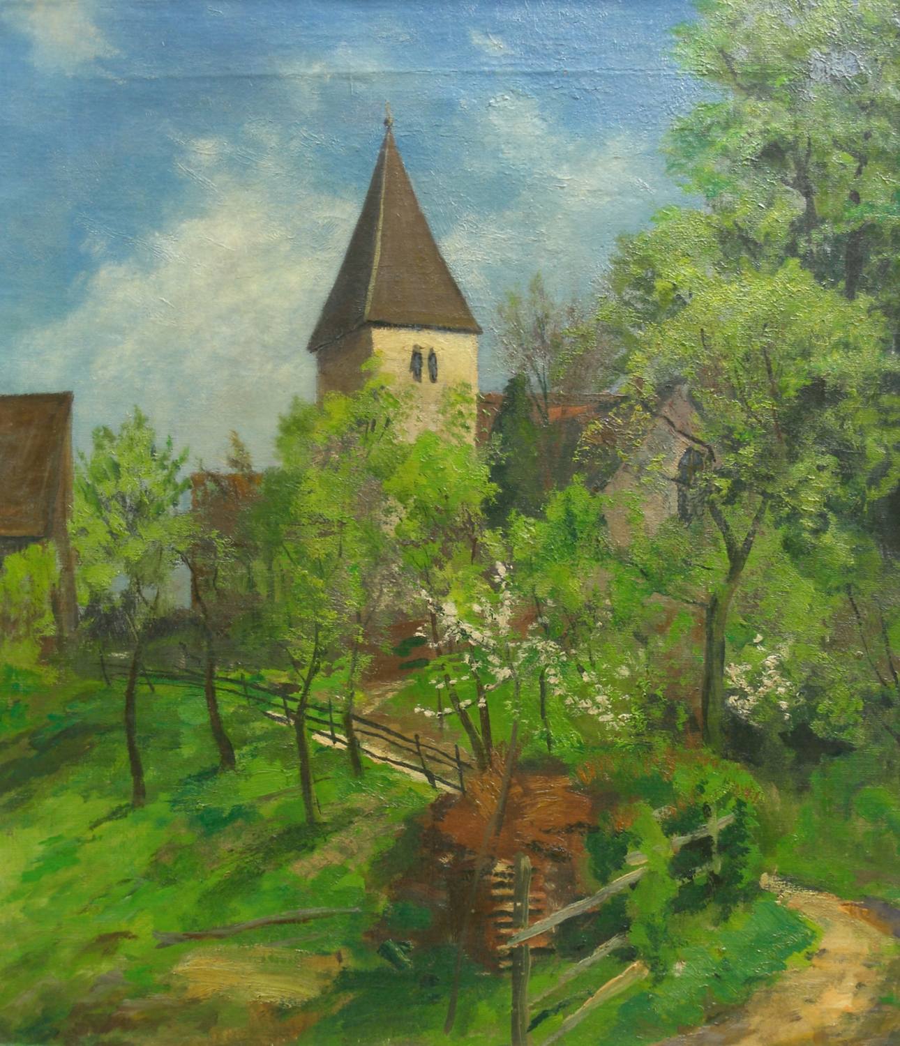 Auktionshaus Quentin Berlin Lins  Adolf  FrÃ¼hlingslandschaft am Niederrhein  mit alter Dorfkirche