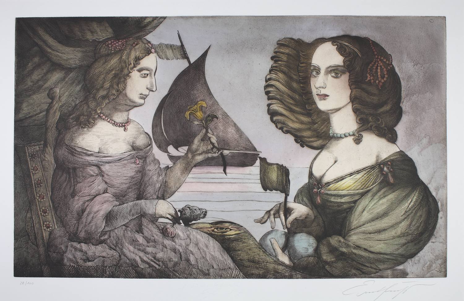 Auktionshaus Quentin Berlin Fuchs  Ernst (1930 Wien â 2015 ebd.) Zwei Frauen  vor violettem Hintergrund eines See mit Boot in Dreivierteldrehung und en face. 1987. Farbradie