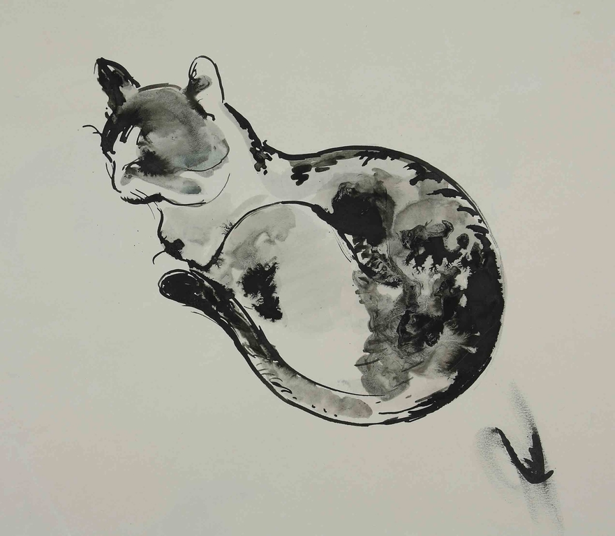 Auktionshaus Quentin Berlin  Zeichnungen Rágóczy  Joachim (1895 Bonn - 1975 Berlin) / Ruhende Katze. Aquarell auf Karton. 21 x 24 cm. Rückseitig mit Nachlassstempel.