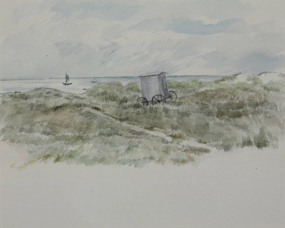 Auktionshaus Quentin Berlin  Zeichnungen Rágóczy  Joachim (1895 Bonn - 1975 Berlin) / Dünenlandschaft mit Umzugskabine (Samland). Aquarell auf Karton. 25 x 36 cm. Um 1920. Rückseitig mit 