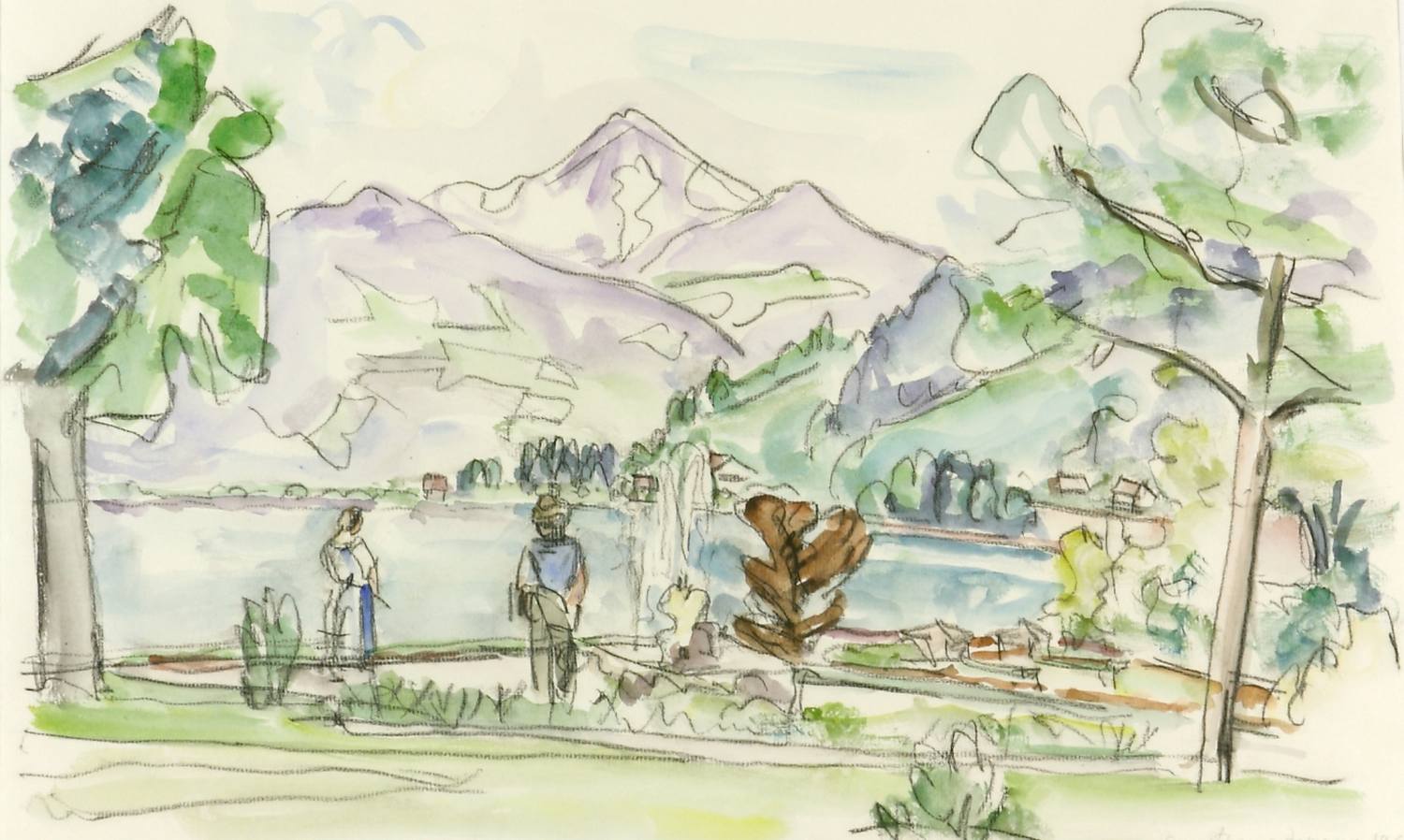 Auktionshaus Quentin Berlin Hauptmann  Ivo  Uferlandschaft mit Personen vor Bergkulisse. 1968