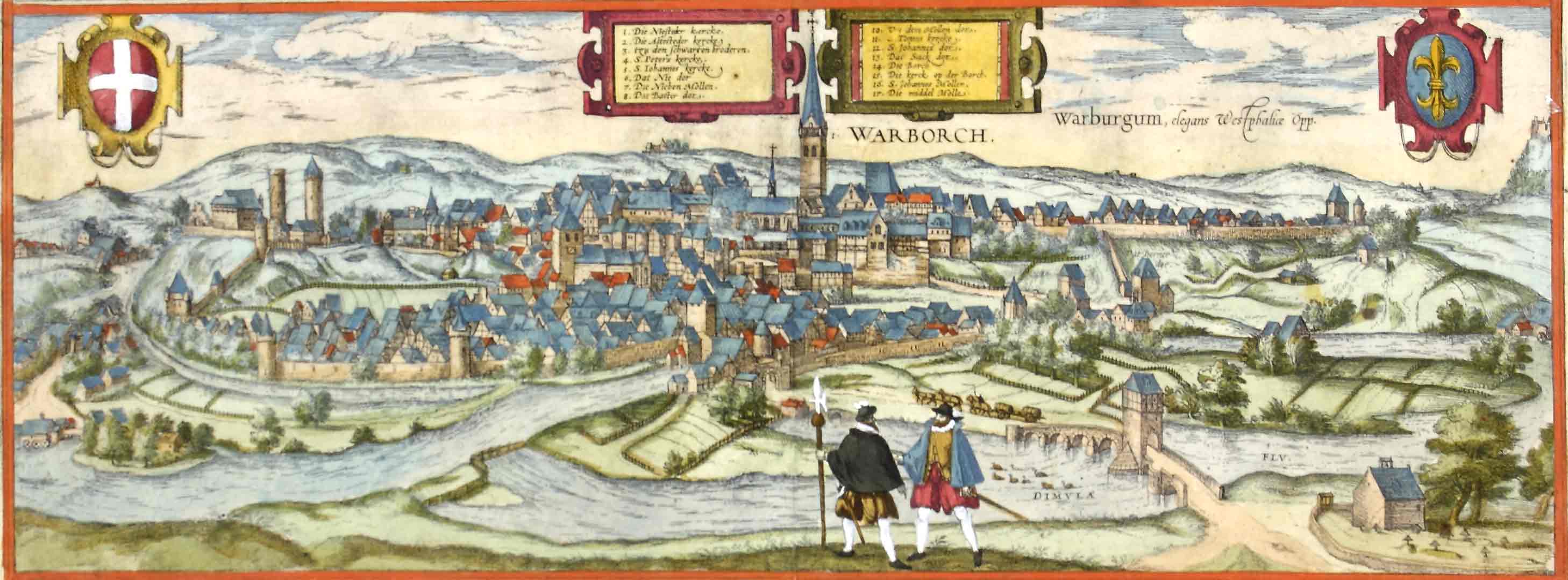 Auktionshaus Quentin Berlin  Dekorative Grafik Ansicht  Warburg  Braun-Hogenberg  um 1580 / Warborch. Warburgum  elegans Westphaliae Opp. Ansicht von SÃ¼den. Kolorierter Kupferstich. 18 x 47 5 cm