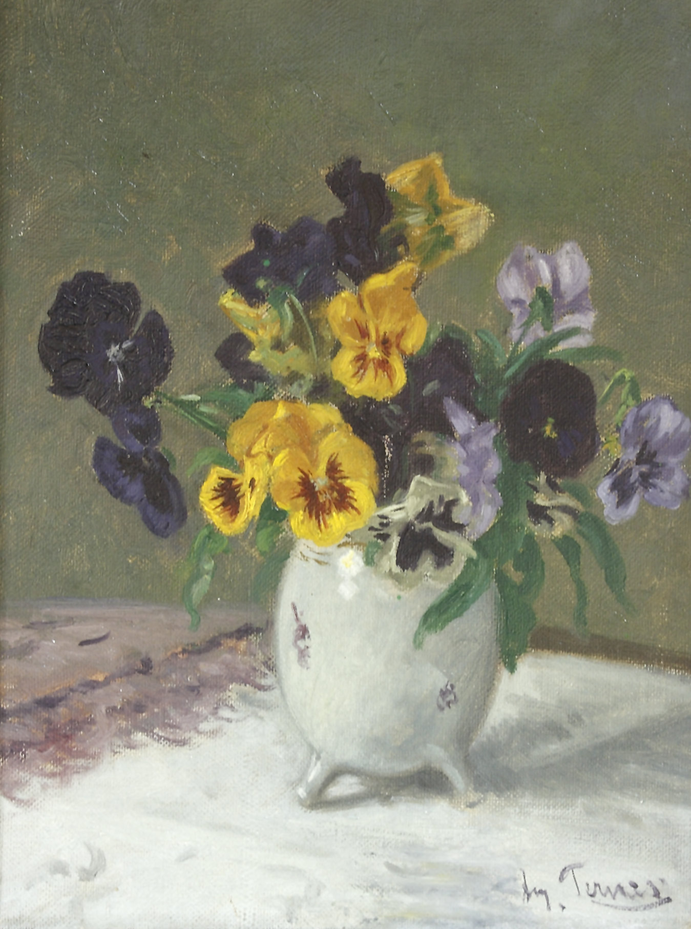 Auktionshaus Quentin Berlin  Gemälde Ternes  August (1872 DÃ¼sseldorf - 1938 ebd.) / StiefmÃ¼tterchen in einer Vase. Ãl auf Leinwand. 34 3 x 25 cm. Rechts unten signiert. Gerahmt.