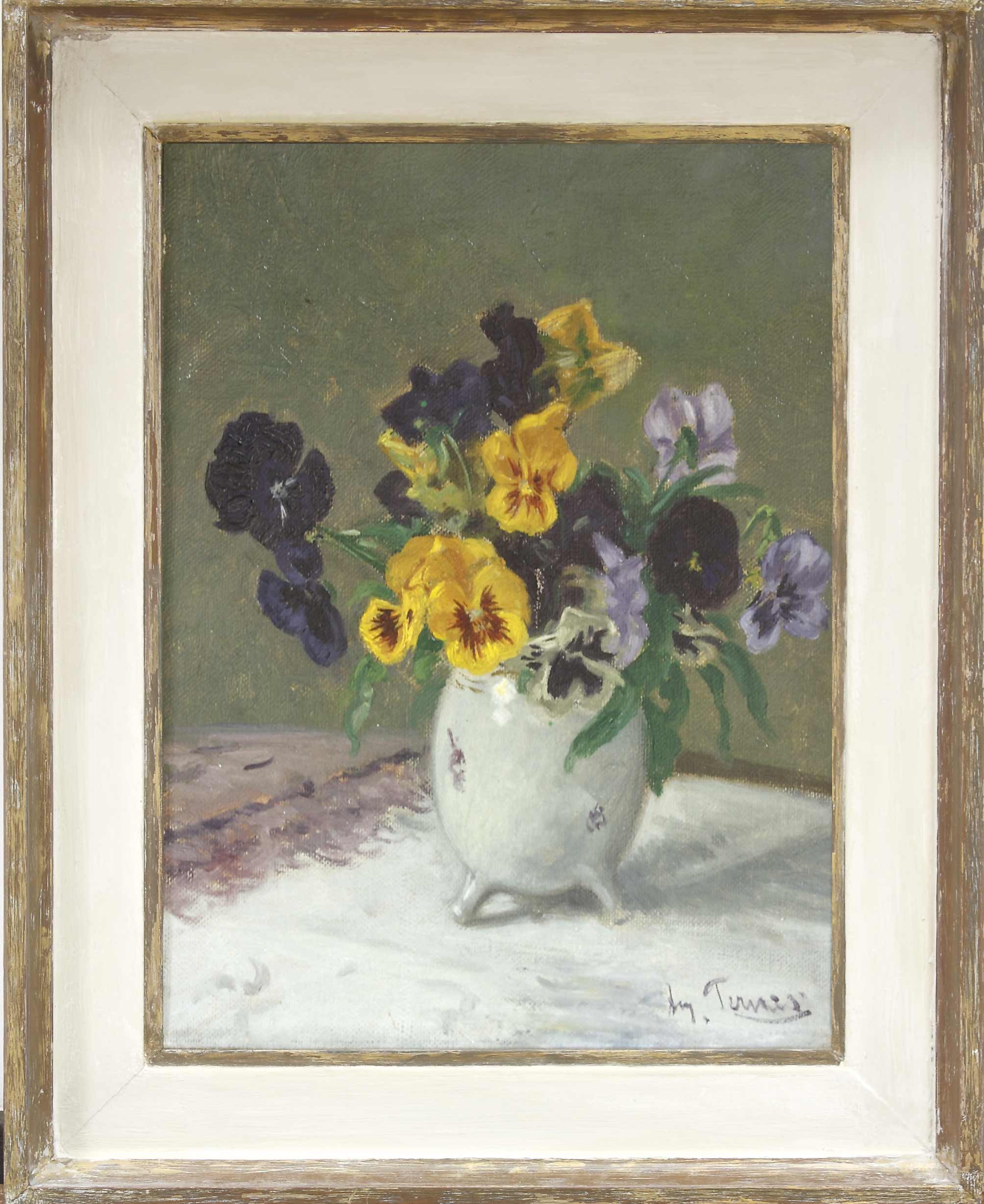 Auktionshaus Quentin Berlin  Gemälde Ternes  August (1872 DÃ¼sseldorf - 1938 ebd.) / StiefmÃ¼tterchen in einer Vase. Ãl auf Leinwand. 34 3 x 25 cm. Rechts unten signiert. Gerahmt.