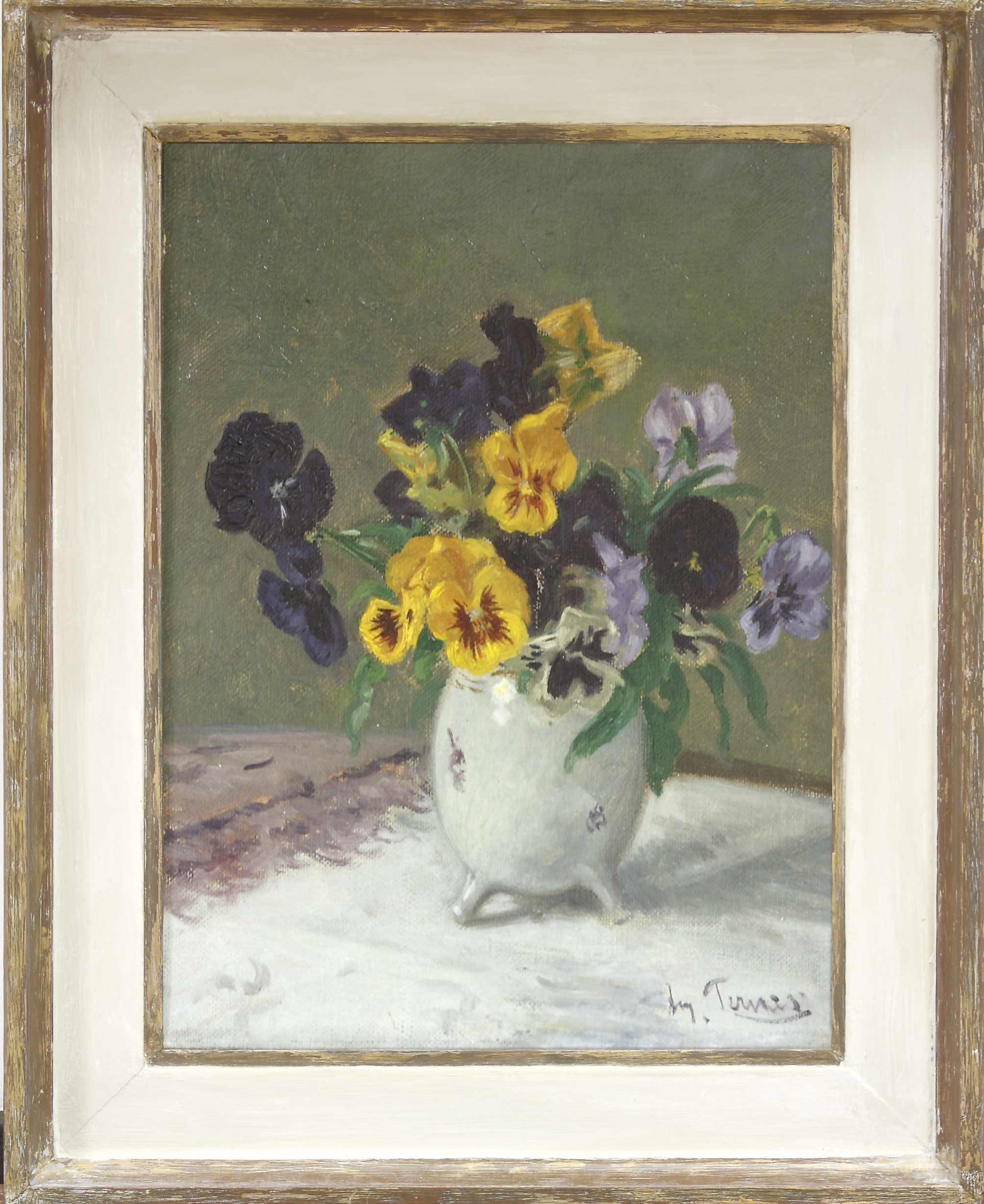 Auktionshaus Quentin Berlin  Gemälde Ternes  August (1872 Düsseldorf - 1938 ebd.) / Stiefmütterchen in einer Vase. Öl auf Leinwand. 34 3 x 25 cm. Rechts unten signiert. Gerahmt.
