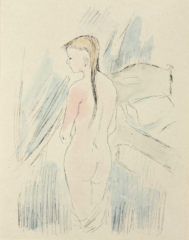 Auktionshaus Quentin Berlin  Künstlergrafik Rágóczy  Joachim (1895 Bonn - 1975 Berlin) / Stehender weiblicher Rückenakt. Aquarellierte Druck auf beigem Velin. 17 5 x 13 cm. Rückseitig mit Na