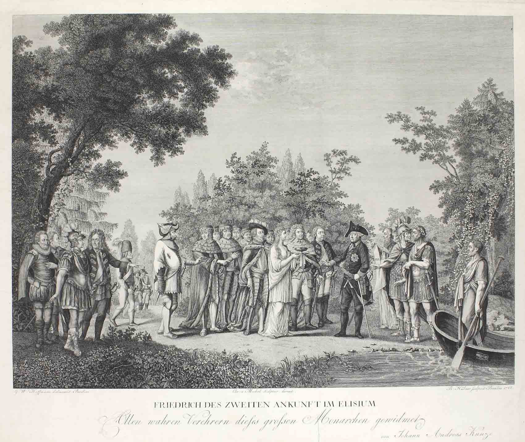 Auktionshaus Quentin Berlin HÃ¼bner  BartholomÃ¤us (1727 Augsburg - ca. 1795 Basel ?) / Friedrich des Zweiten Ankunft im Elysium. Kupferstich nach einem GemÃ¤lde von G. W. 