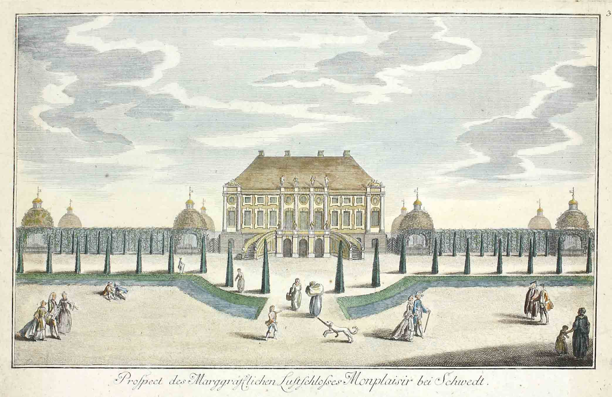 Auktionshaus Quentin Berlin Ansicht  Schwedt  J. D. Schleuen  um 1780 / Prospect des MarggrÃ¤flichen Lustschlosses Monplaisir bei Schwedt. Kolorierter Kupferstich. Pg. 21 x 33 