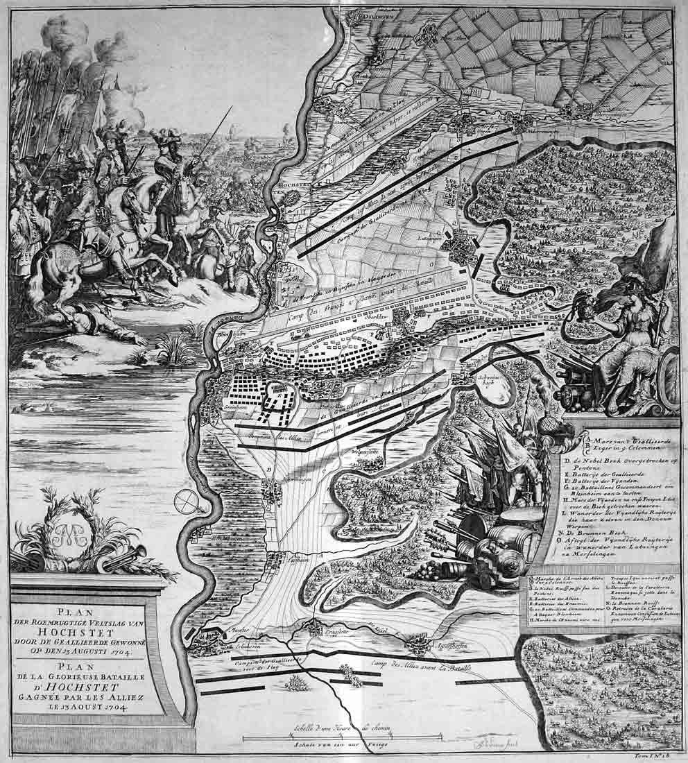 Auktionshaus Quentin Berlin  Dekorative Grafik Plan  HÃ¶chstÃ¤dt  aus Dumont-Rousset  um 1730 / Plan de la glorieuse Bataille d` Hochstet 1704. Umgebungsplan mit eingezeichneten Truppenformatio