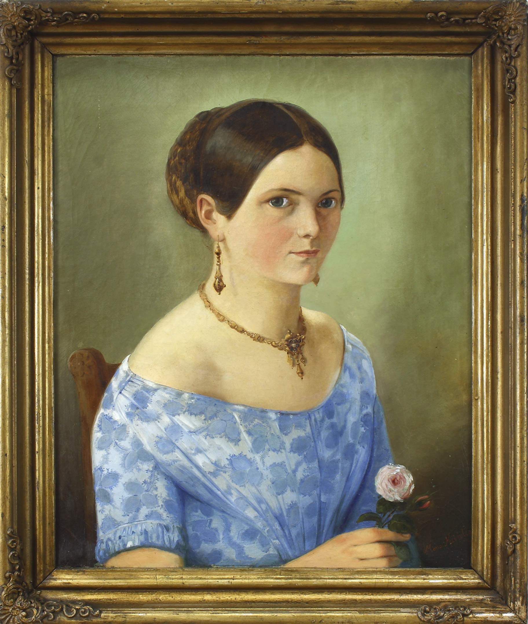 Auktionshaus Quentin Berlin MÃ¼hlig  Meno (1823 Eibenstock - 1873 Dresden) Bildnis einer jungen Frau in blauem Kleid  auf einem Stuhl sitzend. Ãl auf Leinwand. 42 x 34 5 cm.