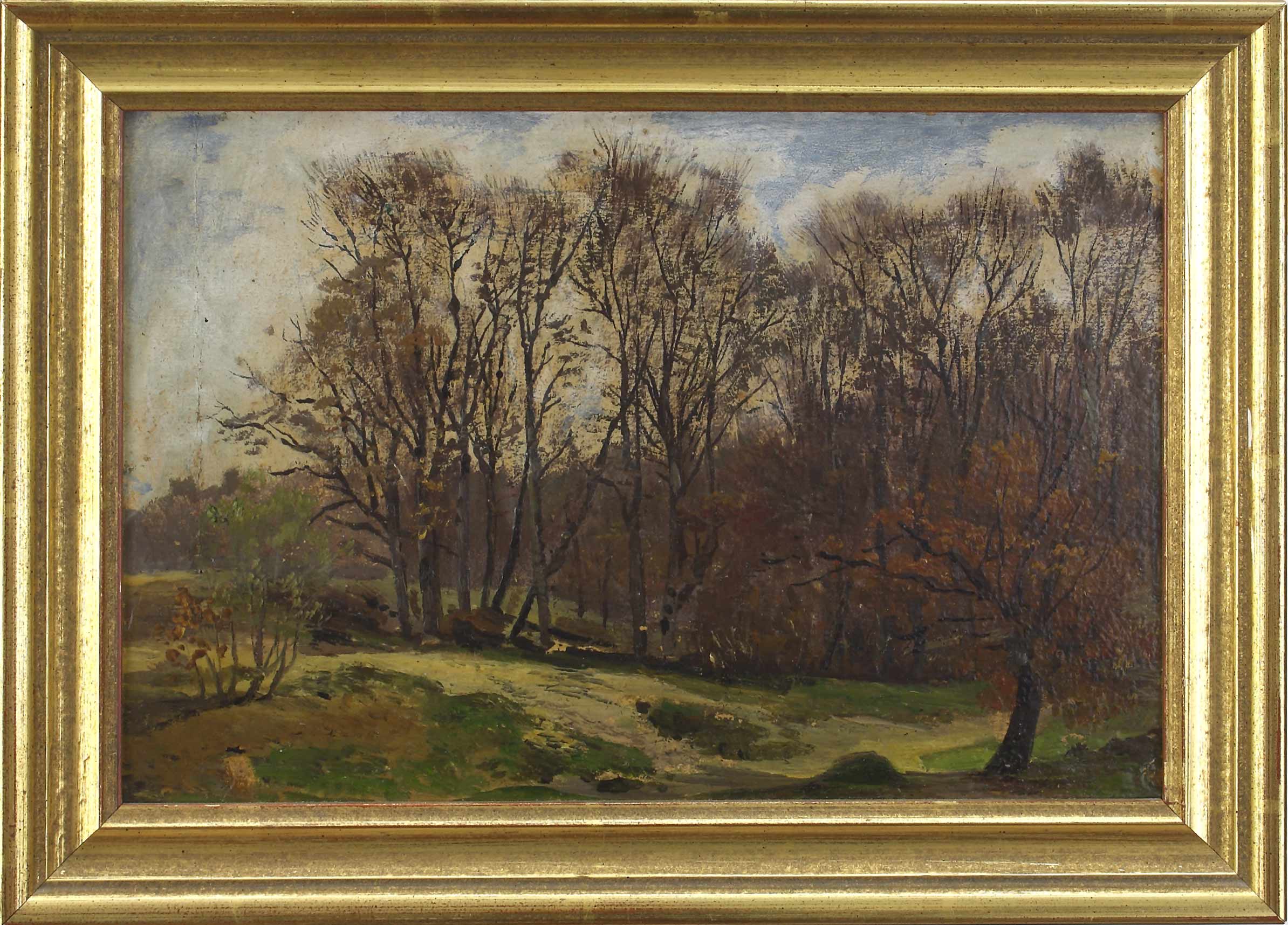Auktionshaus Quentin Berlin  Gemälde Correggio  Ludwig (1846 München - 1930 ebd.) Im Erlenwald. Öl auf Malpappe. 18 5 x 26 7 cm. Rückseitig alt bezeichnet sowie mit dem Etikett der Gal