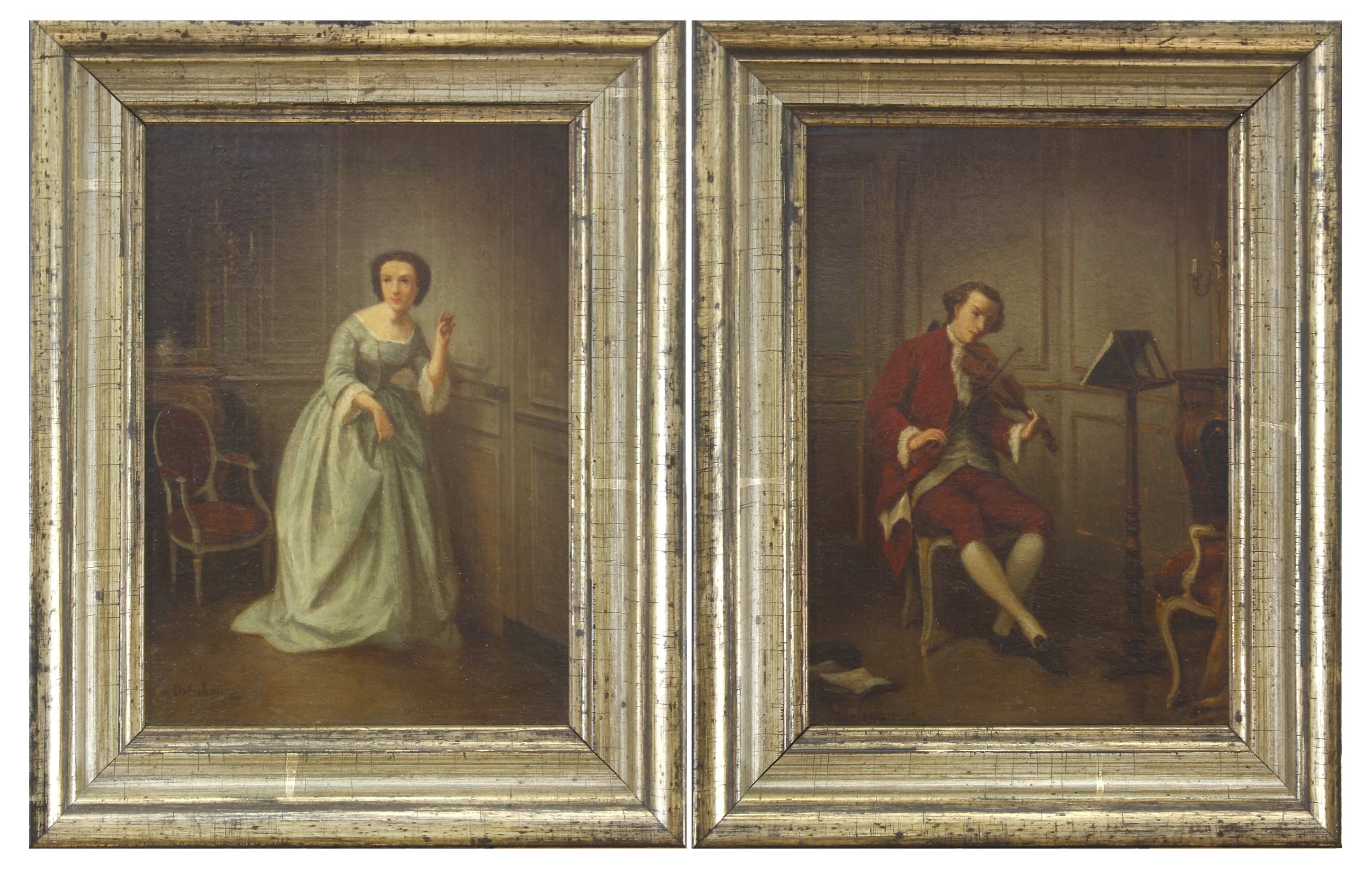 Auktionshaus Quentin Berlin  Gemälde Delechaux  Marcelin (1831 Bordeaux - 1902 Colombes/Seine) / Eine Dame lauscht den KlÃ¤ngen eines Musikers. GegenstÃ¼cke. Zwei GemÃ¤lde auf Holz.
