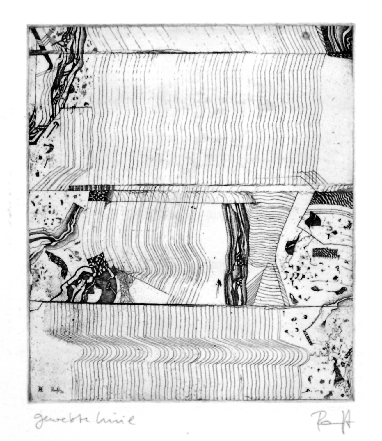 Auktionshaus Quentin Berlin  Künstlergrafik Ranft  Thomas (1945 Königsee  lebt in Dittersdorf/Sachsen) / Das große A. 1984; Gewebte Linie. 1980. Zwei Radierungen. 20 x 14 5 cm und 15 x 13 cm. 