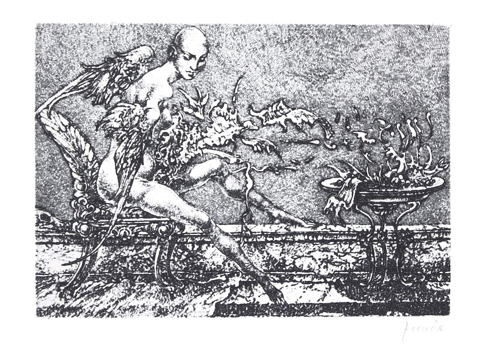 Auktionshaus Quentin Berlin  Künstlergrafik Zander  Heinz (1939 Wolfen – 2024 Leipzig) / Phantastische Szene mit weiblichem Wesen. Radierung. 9 8 x 15 2 cm  Bg. 39 5 x 26 3 cm. Signiert. Kräf