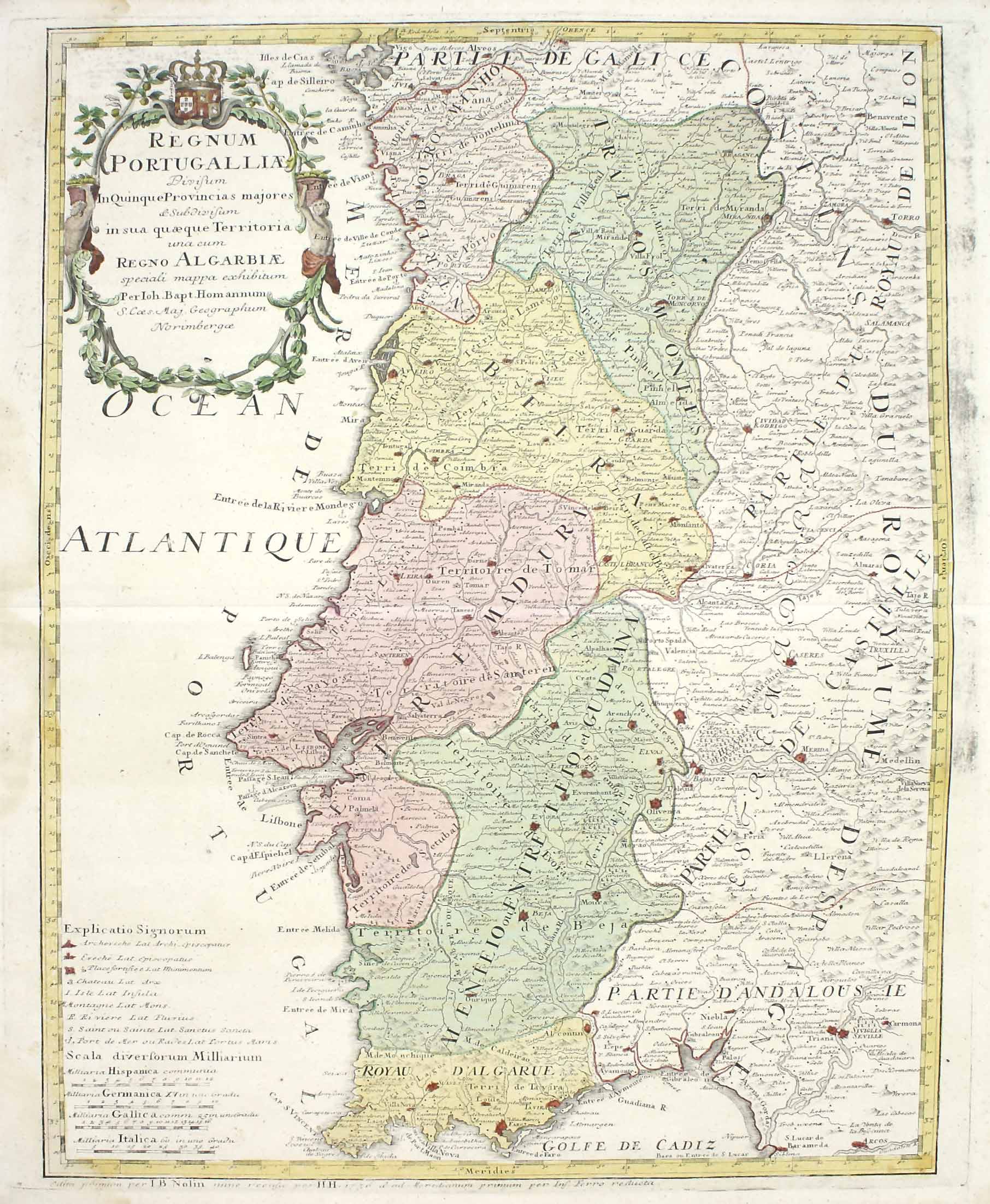 Auktionshaus Quentin Berlin Landkarte  Portugal  Johann Baptist Homann  NÃ¼rnberg  1736 / Regnum Portugalliae Divisum In Quinque Provincias majores. Grenz- und FlÃ¤chenkolori