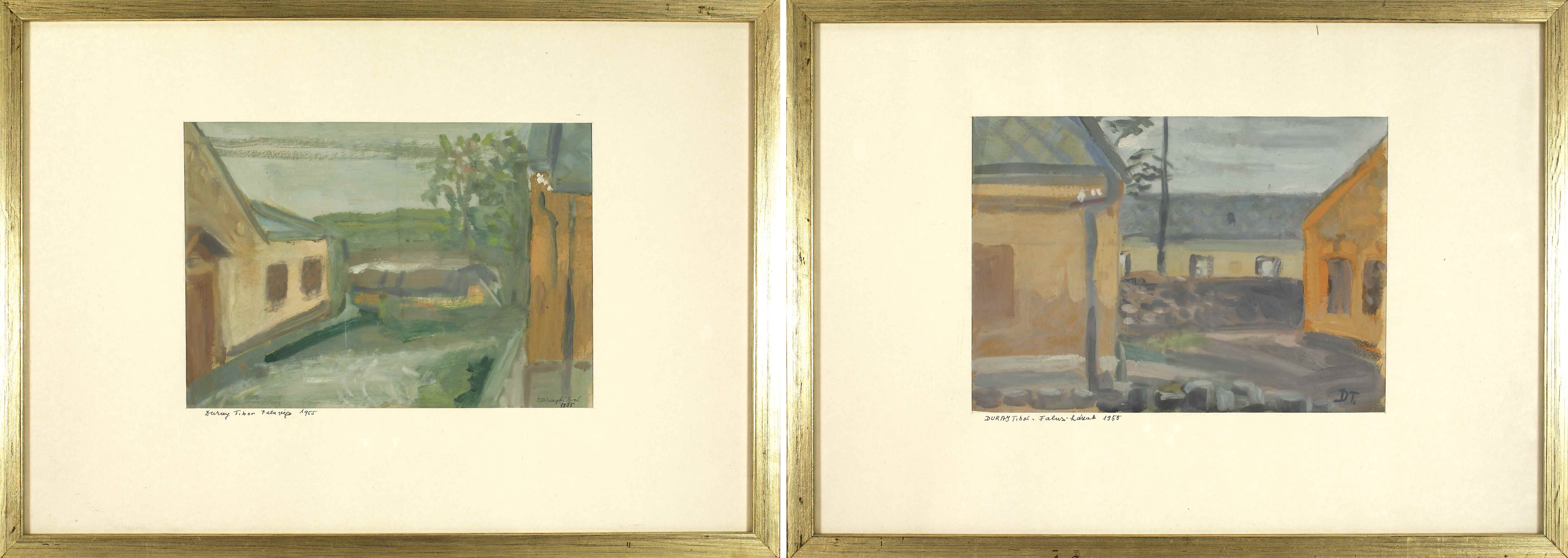 Auktionshaus Quentin Berlin  Gemälde Duray  Tibor (1912 Budapest - 1988 ebd.) / Landhäuser (Falusi hazak)  Dorfende (Falurège). 1955. Zwei Gemälde auf Karton. 20 x 28 cm. Jeweils signi