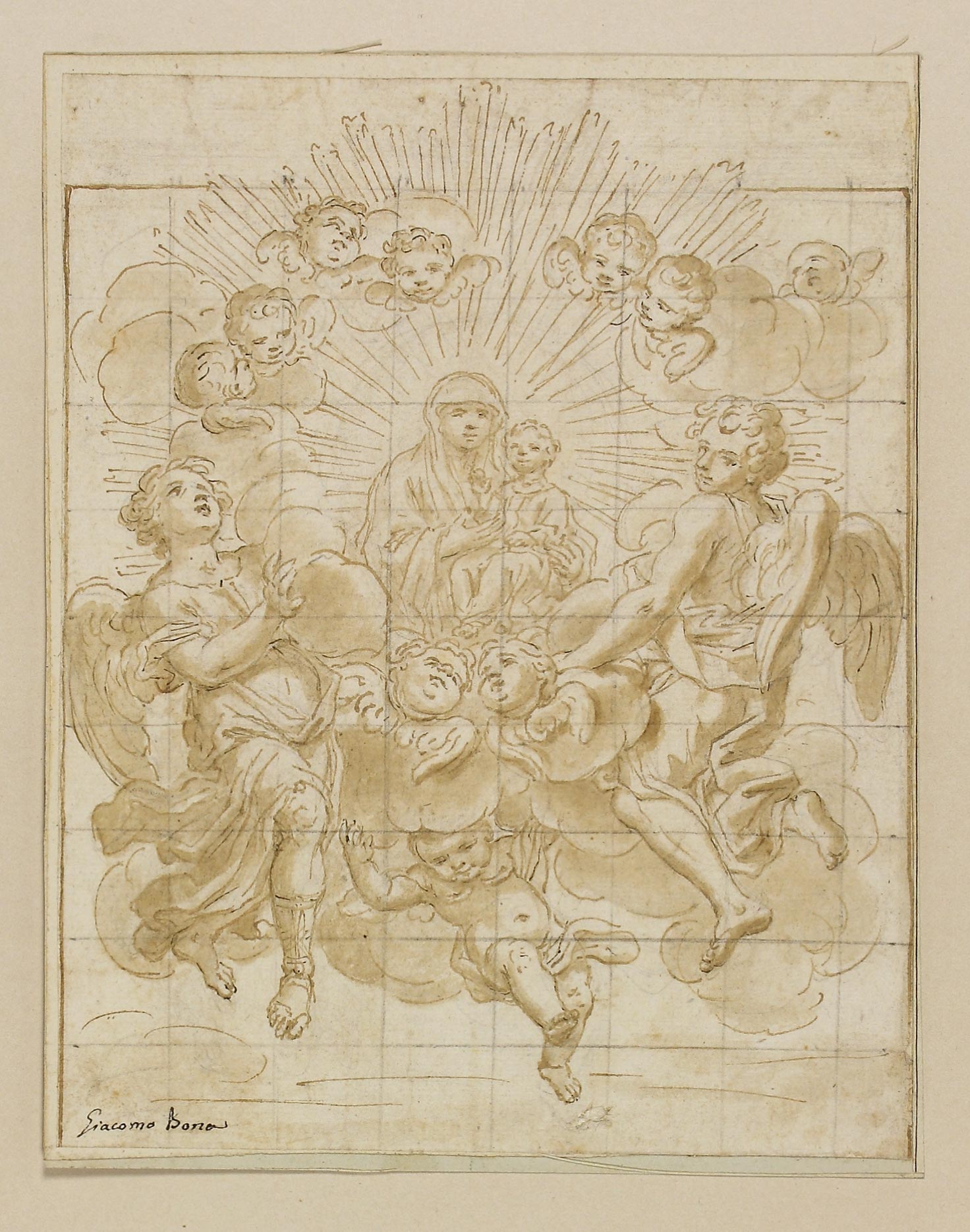 Auktionshaus Quentin Berlin Boni  Giacomo (1688 Bologna - 1766 Genua) zugeschr. / Madonna in der Glorie mit Engeln. Wohl Entwurf fÃ¼r ein Fresko. Sepia  laviert  auf Papier  au