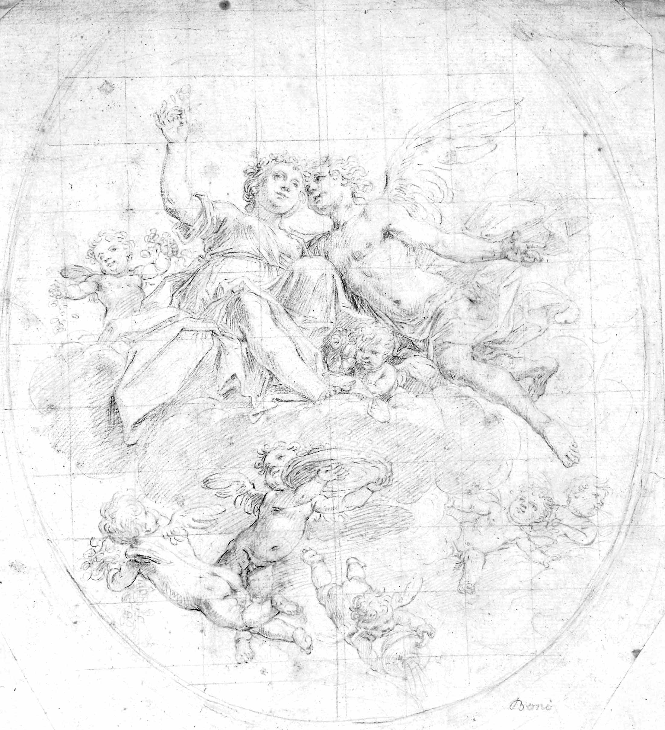 Auktionshaus Quentin Berlin Boni  Giacomo (1688 Bologna - 1766 Genua) zugeschr. / Amor und Psyche. Entwurf fÃ¼r ein Deckenfresko. Bleistiftzeichnung auf BÃ¼tten auf BÃ¼tten