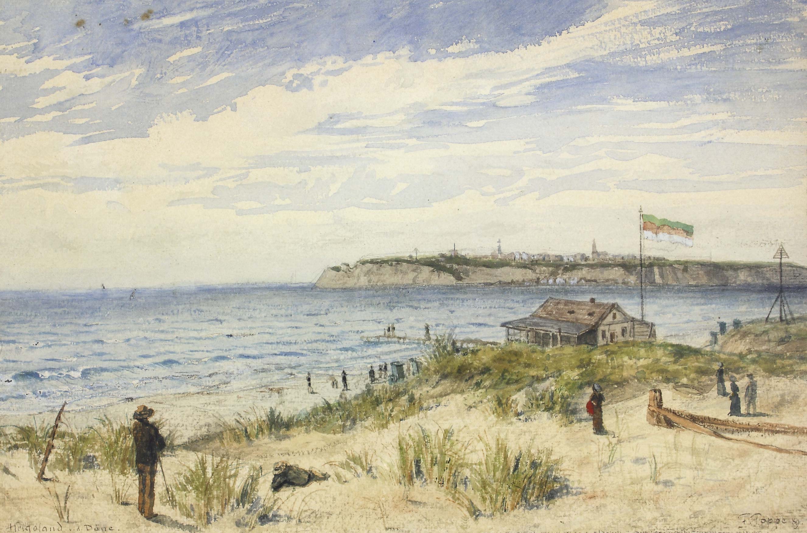 Auktionshaus Quentin Berlin  Zeichnungen Poppe  Fedor (1850 Neisse - 1914 Berlin) / Helgoland v. d. DÃ¼ne. (18)89. Aquarell. 23 x 34 8 cm. Am unteren Rand signiert F. Poppe  datiert und bez