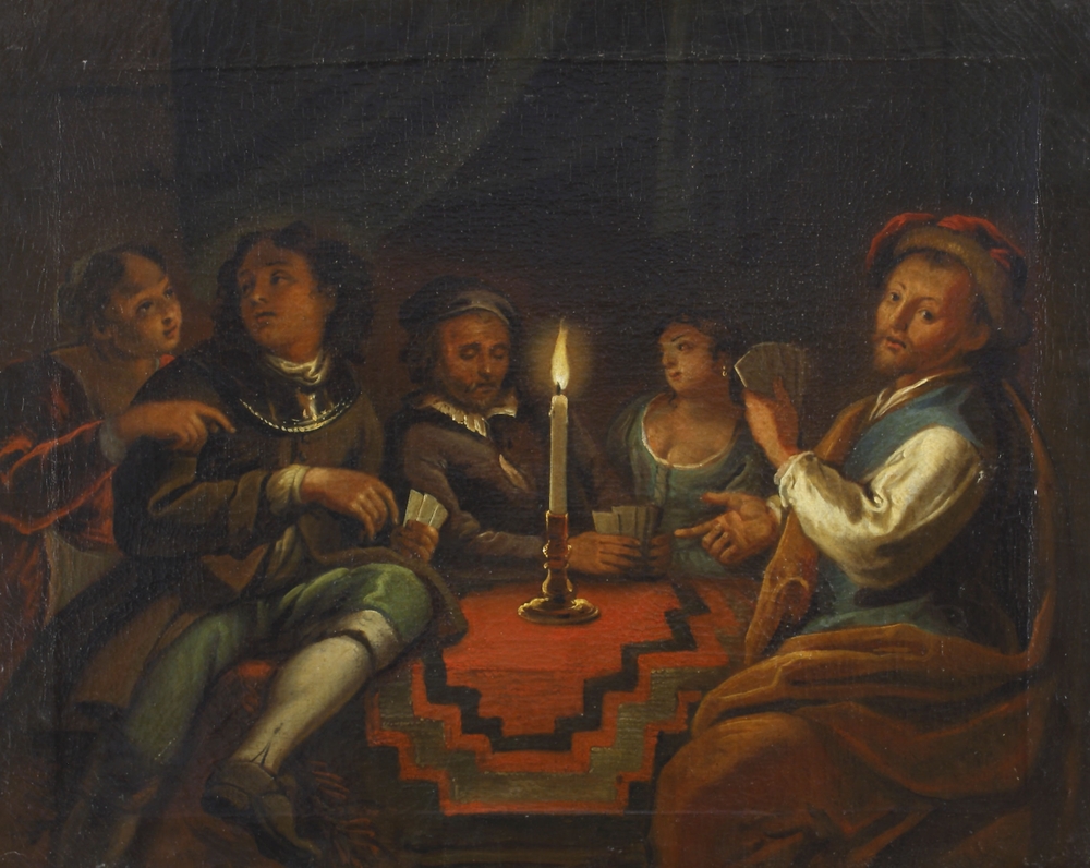 Auktionshaus Quentin Berlin  Gemälde Honthorst  Gerrit van (1590 Utrecht - 1656 ebd.) Schule / Kartenspieler bei Kerzenschein. Öl auf Leinwand. 45 x 54 7 cm.
