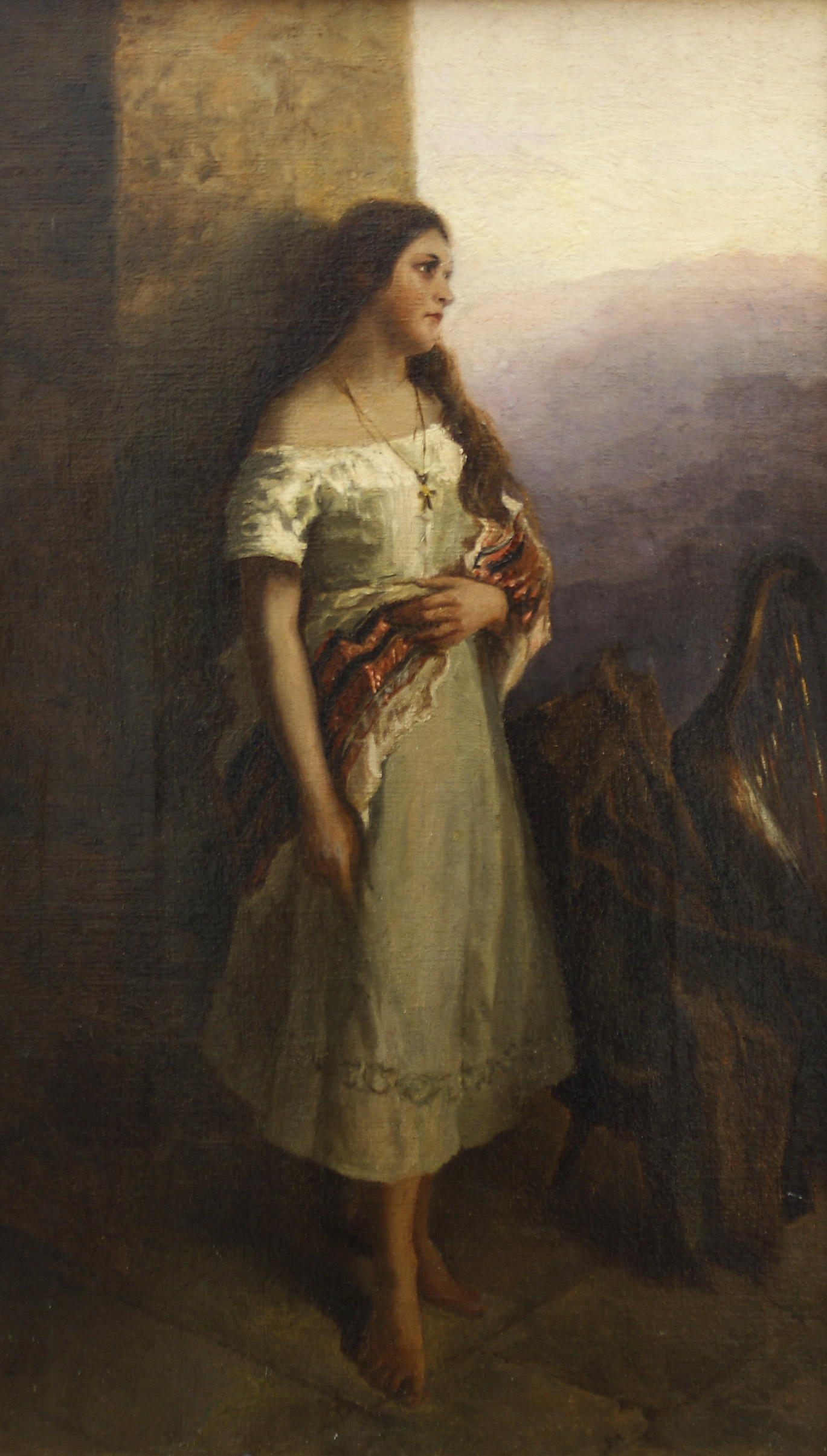 Auktionshaus Quentin Berlin  Gemälde Vautier  Benjamin d. Ã. (1829 Morges - 1898 DÃ¼sseldorf) / Stehendes MÃ¤dchen mit einer Harfe. Ãl auf Leinwand. 49 x 29 cm. Links unten mono