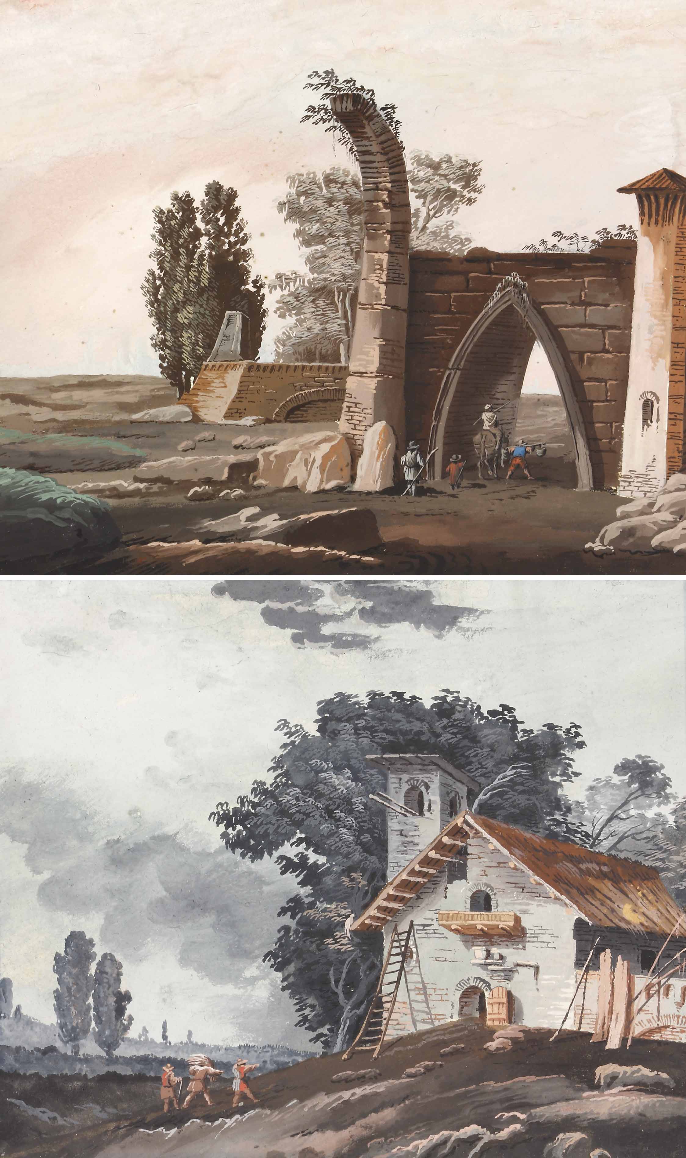 Auktionshaus Quentin Berlin Maler  Ende 18. Jh. / Landschaft mit alter Stadtmauer und Personen.  Landschaft mit Haus und Personenstaffage. Zwei Gouachen teils auf blaugrauem BÃ