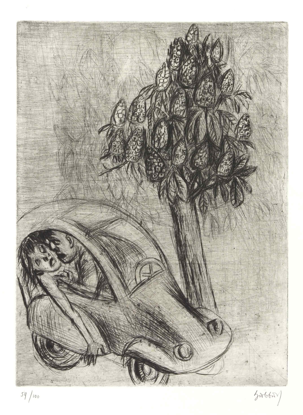 Auktionshaus Quentin Berlin  Künstlergrafik Hubbuch  Karl (1891 Karlsruhe - 1979 ebd.) / Liebespaar unter einem Baum. Um 1950. Radierung. 33 3 x 24 6 cm  Bg. 53 5 x 38 5 cm. Signiert und nummeri