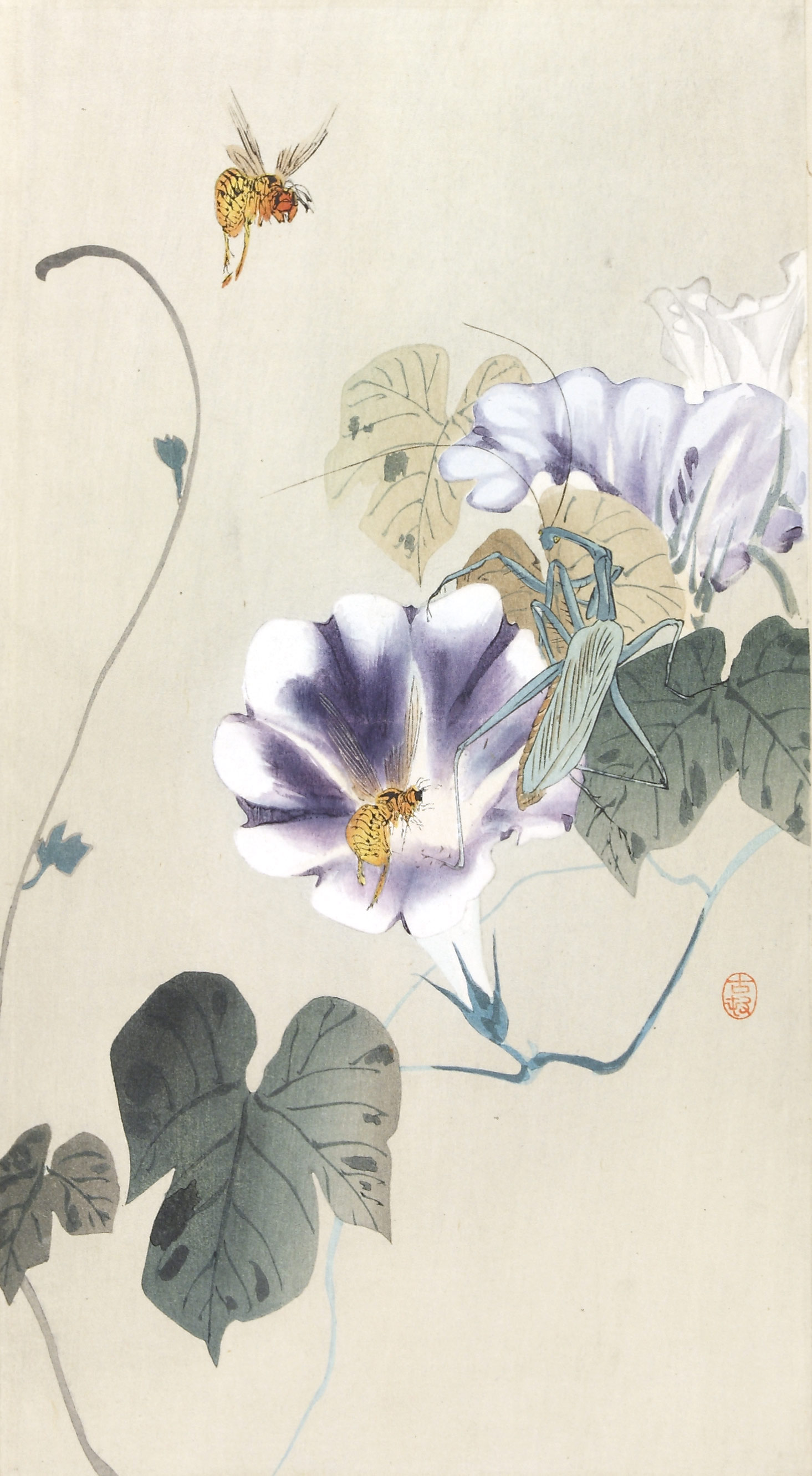 Auktionshaus Quentin Berlin  Asiatika Japanischer Farbholzschnitt  Koson  Ohara (1877 Kanazawa - 1945 Tokio) / Bienen und Heuschrecke bei BlÃ¼ten. Farbholzschnitt auf Japan. Bg. 35 5 x 2