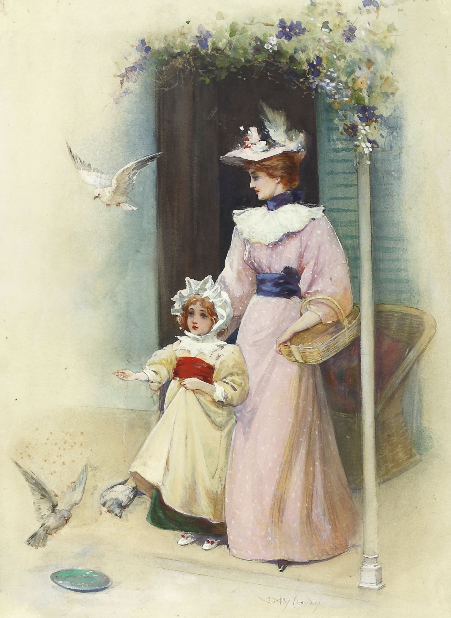 Auktionshaus Quentin Berlin Hardy  Dudley (1867 Sheffield - 1922 London) / Junge Mutter mit MÃ¤dchen beim Tauben fÃ¼ttern. Aquarell. 34 x 25 cm. Signiert. Im Passepartout  un