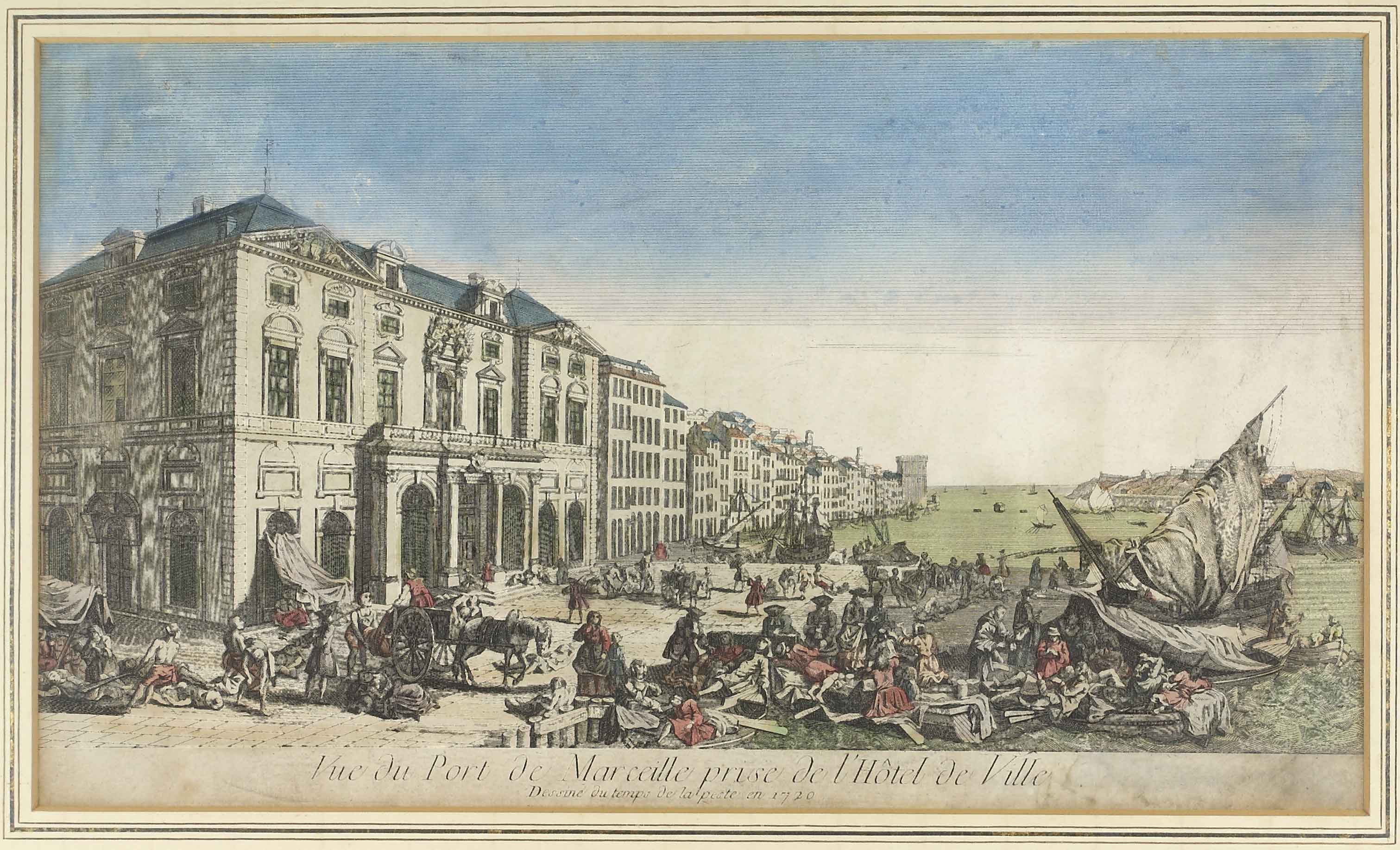 Auktionshaus Quentin Berlin Ansicht  Marseille / Vue du Port de Marceille prise de l`HÃ´tel de Ville. DessinÃ© du temps de la peste en 1720. Kolorierter Kupferstich. 26 x 44 