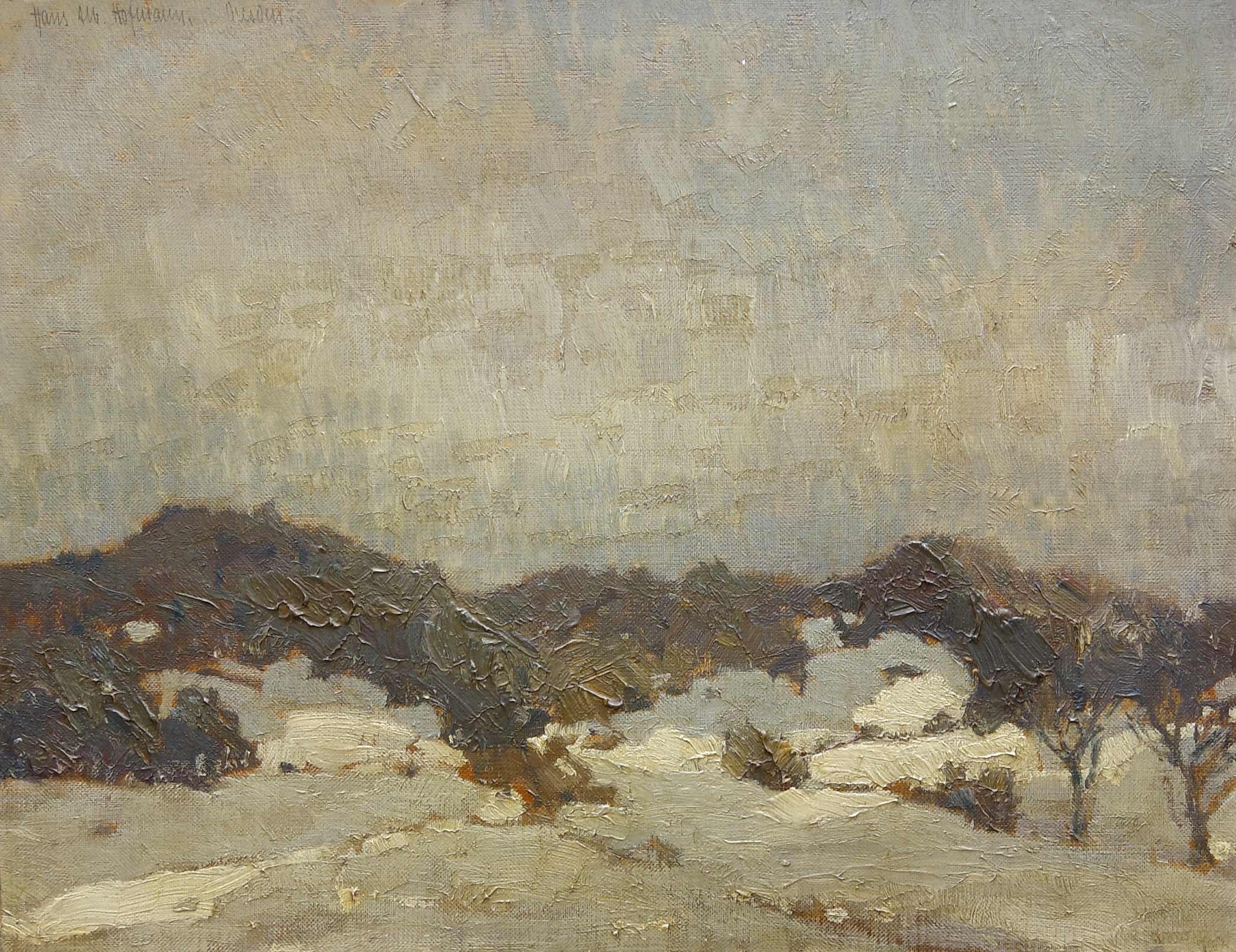 Auktionshaus Quentin Berlin  Gemälde Hofmann  Hanns Albert (1889 Karlsruhe â 1966) / Dresden. Landschaft bei Pirna. Jan. (19)10. Ãl auf Malkarton. 39 7 x 49 5 cm. Signiert und bez